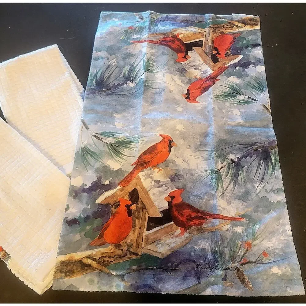 RARE Lot 4 Judy Buswell Print Red Cardinal Bird Waffle Weave Kitchen Hand Towels